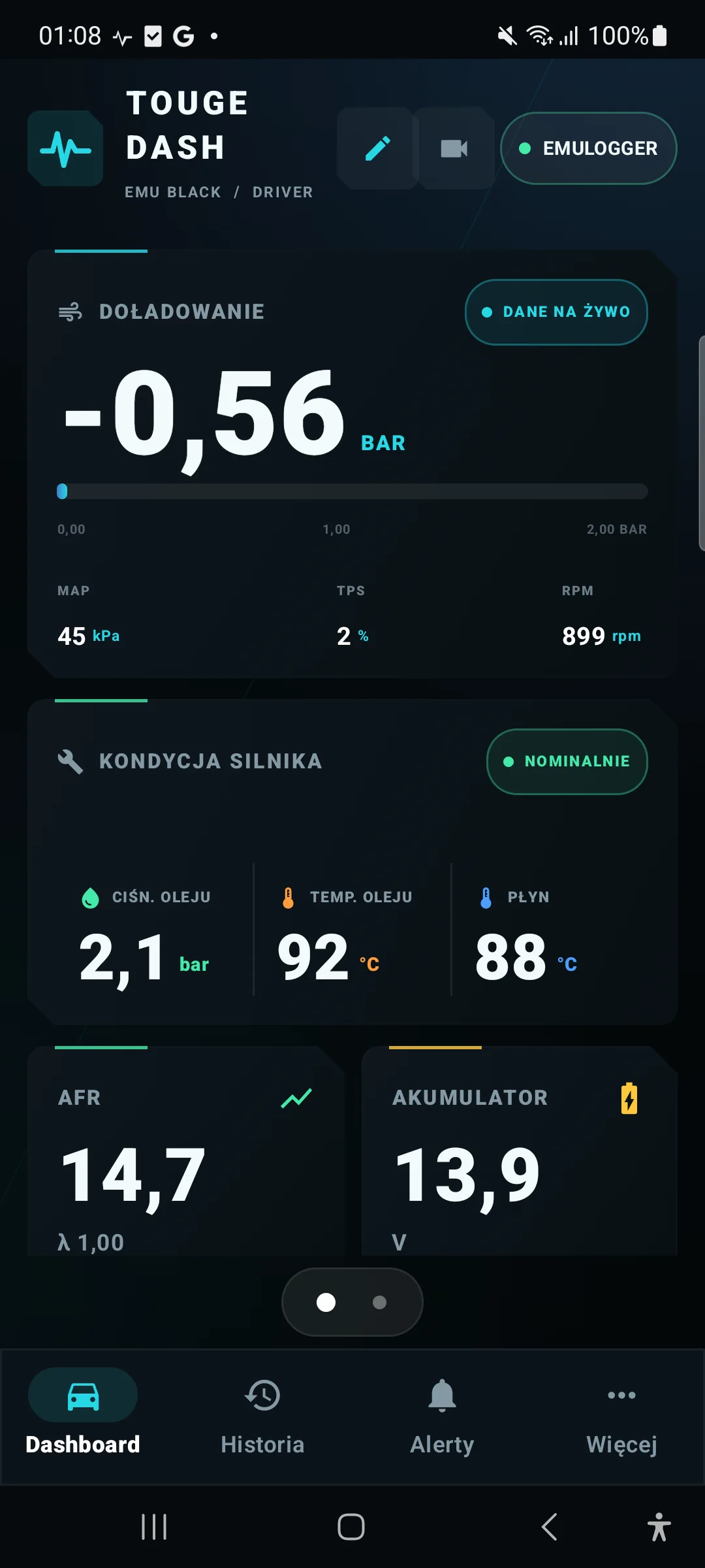 Touge Dash dashboard on Android