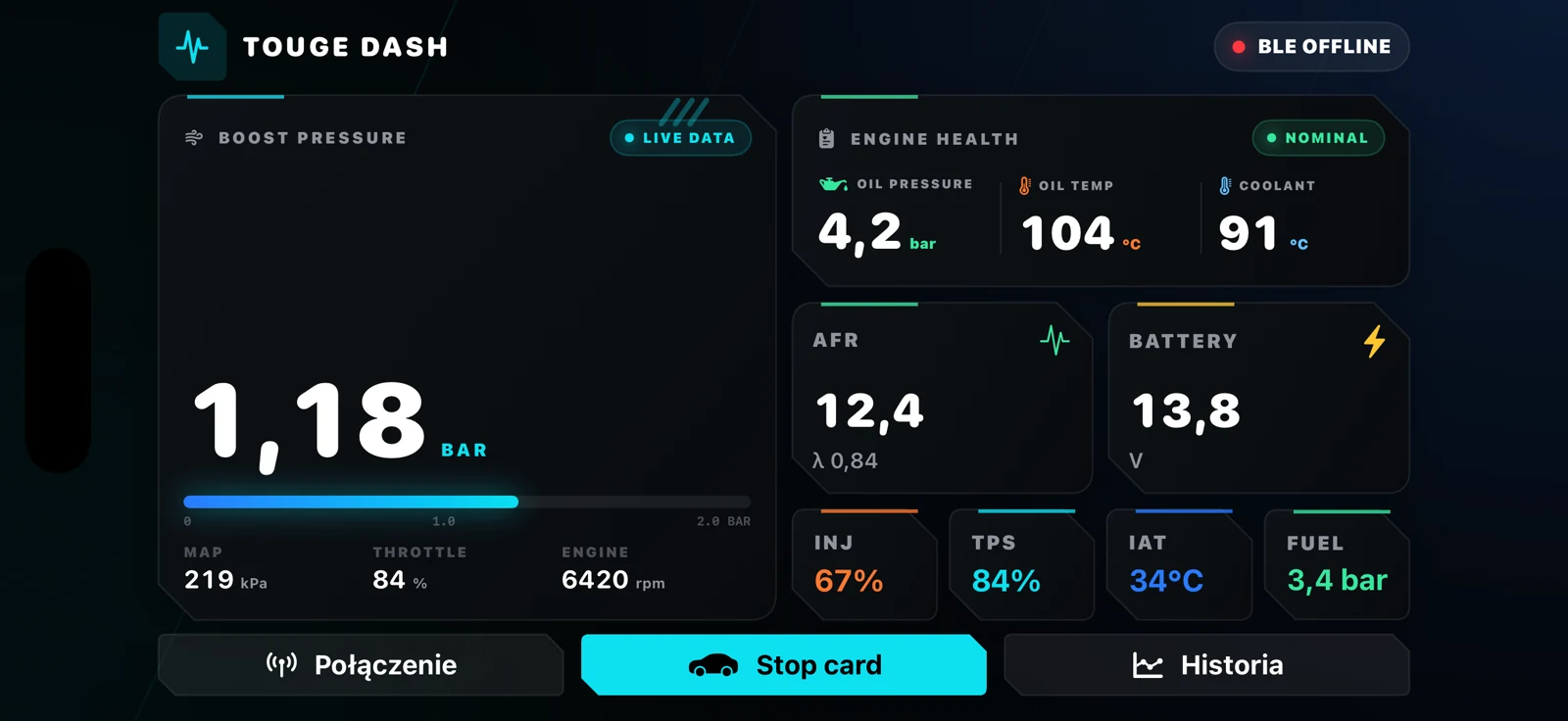 Touge Dash landscape dashboard with engine data